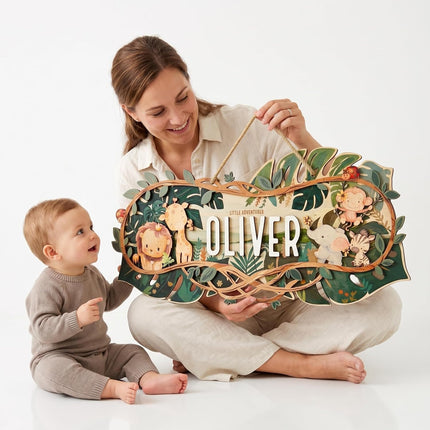 Custom Safari Nursery Name Sign - Personalized Wooden Baby Name Sign with Jungle Animals - 3D 2-Layer Birch Wood Wall Decor for Boy & Girl Room, Unique Gift for Baby Shower