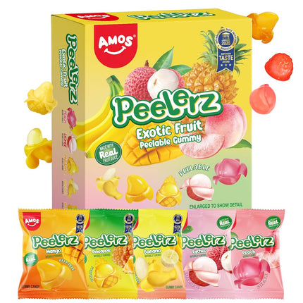 AMOS Peelerz Exotic Fruit Peelable Gummy Candy, 5 Tropical Flavors Mango Peach Banana Pineapple Lychee, 8.47oz Box 10 Individual Packs, Easter Basket Stuffers Fun Egg Hunt Treats with Real Fruit Juice