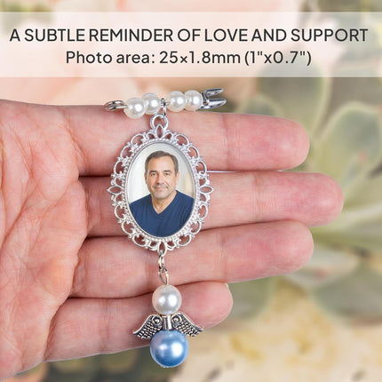 Wedding Bouquet Photo Charms, Something Blue Gift For Bride, Memorial Pin For Wedding Groom, Remembrance Gift From Deceased Mom Or Dad, DIY Bridal Pin With Guardian Angel Memory Charm And Picture