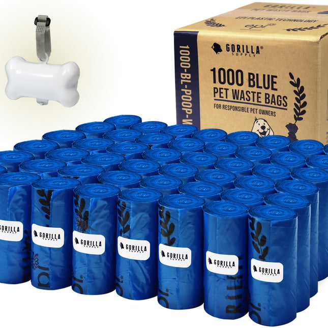 1000 Dog Poop Waste Bags with Dispenser and Leash Tie, 9" x 13", Blue, 1000 Count