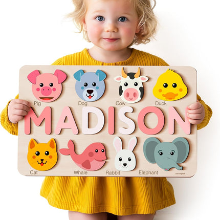 Zuzu Puzzle Personalized Name Puzzle for Toddlers 1-3 with Animals, Handmade Learning Toy, CPC Certified, Keepsake Nursery Decor, for 1st Birthday