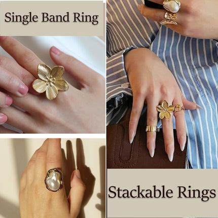 12 PCS Chunky Gold Plated Rings for Women Statement Flower Ring Set