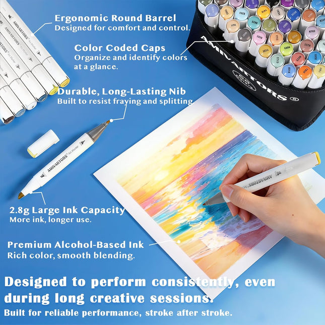 80 Colors Alcohol Markers Dual Tip Set, Chisel & Fine, 2.8g High Ink Capacity, Easy Blending Art Markers with Carrying Case