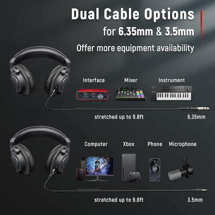 FIFINE Studio Monitor Headphones for Recording, Wired Headphones with 50mm Driver, Over Ear Headset with Detachable Cables 3.5mm or 6.35mm Jack, Black, on PC/Mixer/Amplifier-H8