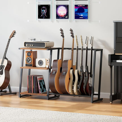 Guitar Stand, 3-Tier Guitar Rack with Adjustable Shelf for Record Player, Multi-Function Guitar Holder, Suitable for Acoustic, Electric, Bass, 5-6 Instruments, Rustic Brown and Black