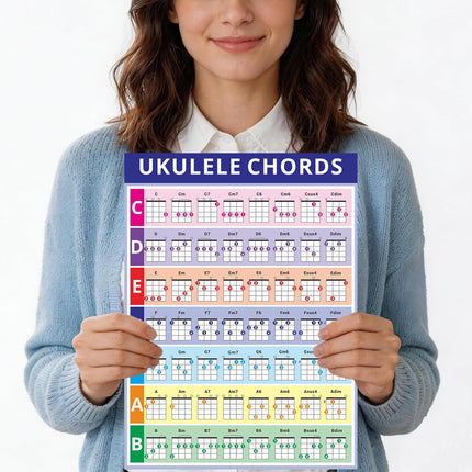 Laminated Ukulele Chord Chart, 11.2” x 8.2” Music Theory Poster – 2-Pack, Beginner-Friendly with Circle of Fifths, PVC Material, Tear-Resistant & Waterproof