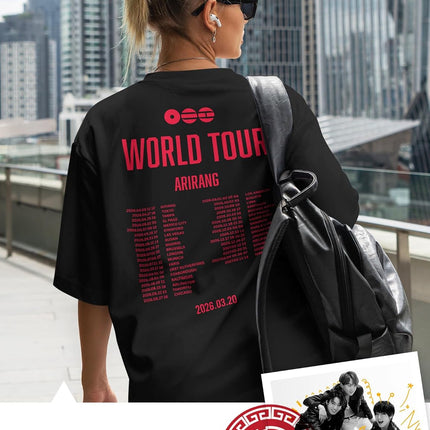 Arirang World Tour Red Graphic Shirt - K-Pop Idol Seven Member Names Tee - South Korean Boy Band Concert Dates Apparel