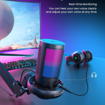 Gaming Microphone, USB PC Mic for Podcasts Videos, Streaming, Condenser Mic with Quick Mute, Tripod Stand, Pop Filter, RGB Indicator, Shock Mount, Rotate gain button, Compatible with PS4/5/PC