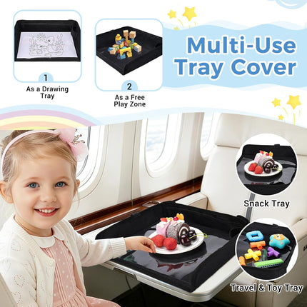 COOLBEBE Airplane Tray Table Cover, Foldable Travel Tray Cover for Toddlers 1-3, Universal Fit for Airplane, Car Seat, High Chair, Machine Washable, Portable, Black