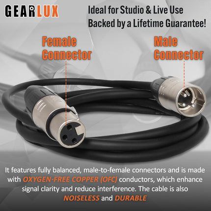Gearlux XLR Microphone Cable, Fully Balanced, Male to Female, 3.2 Feet - Single Pack