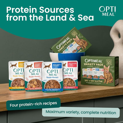 Optimeal Wet Cat Food Variety Pack - Surf & Turf Selection, Grain Free Tender Morsels, High Protein Premium Nutrition Made with Natural European Ingredients, Adult Cat Pouches 3oz (Pack of 12)