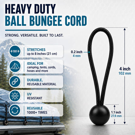 30 Pcs 4 Inches Ball Bungee Cords, Black Heavy Duty Heavyweight Tarp Black Ball Bungee, 4mm Thickness Weather Resistant Tie Down Strap, Suitable for Camping, Securing Tents, Fixing Cables and Hoses
