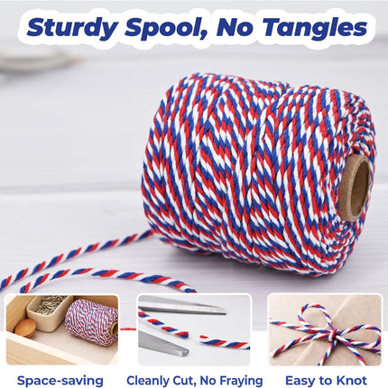 Cotton Twine String,2mm Thick, 164 Feet per Roll, 2 Pack, for Crafts Gift Wrapping Baking Holiday Decor,Red Blue and White