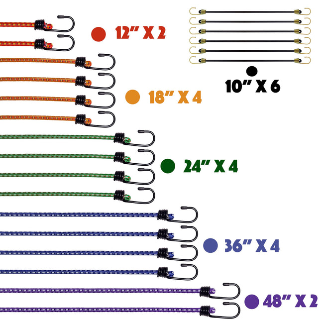 Bungee Cords with Hooks, Heavy Duty Assorted Set, 22PCS – 12", 18", 24", 36",48", Small Bungee Cords - photo 2
