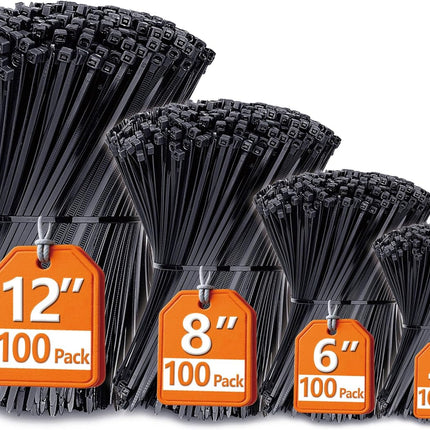 Zip Ties Assorted Sizes(4”+6”+8”+12”), 400 Pack, Black Cable Ties, UV Resistant Wire Ties by ANOSON