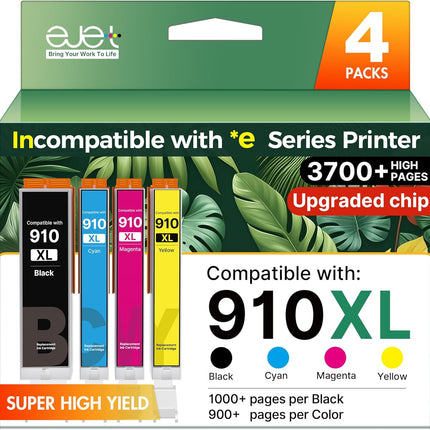 ejet Compatible Ink Cartridge Replacement for HP 910XL, 4-Pack Black and Color (Black, Cyan, Magenta, Yellow) Work for OfficeJet Pro 8020 8025