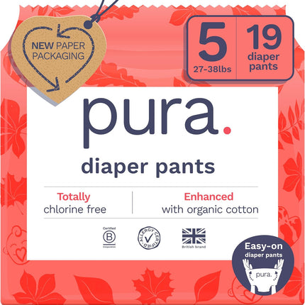 Pura Hypoallergenic Diaper Pants Size 5 (27-38 lbs) Overnight, up to 12 Hours Leak Protection, Suitable for Sensitive Skin, Totally Chlorine Free, Soft Organic Cotton, 1 Pack of 19 Pull Up Pants