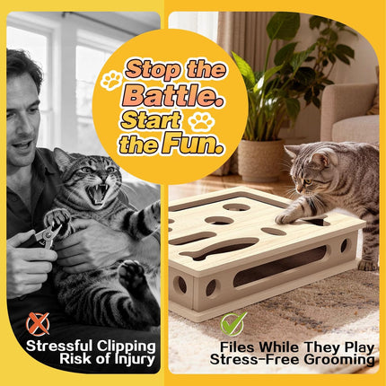 Cat Scratch Puzzle Enrichment Box, Interactive Cat Nail File Box with Sandpaper Liner for Cat Claw Care, Cat Scratch Puzzle Box - Stress Free Alternative to Clippers & Grinders for Indoor Cats