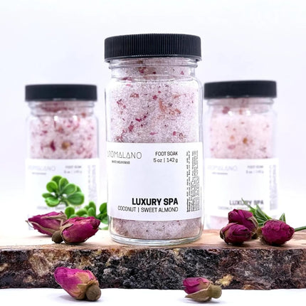 Luxury Spa Foot Soak, Coconut and Sweet Almond, Epsom and Pink Himalayan Salts with Shea Butter, Aloe, and Dried Rose Petals, 5 oz Jar