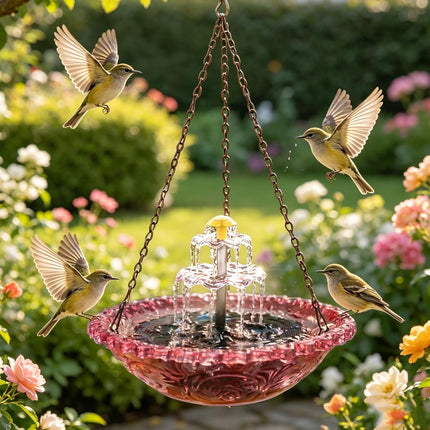 Solar Cascade Hanging Bird Bath, 3-Layer Powered Birdbath Water Fountain, Outdoor Water Dispenser for Hummingbirds, Hummingbird Bath Shower Bowl for Garden Yard, Red