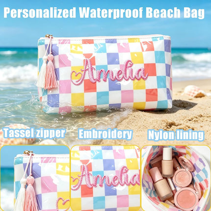 Personalized Embroidered Travel Makeup Bag for Women, Custom Waterproof Striped Skincare Makeup Storage w/ Name, Large PVC Coat Toiletry Bag for Summer Pool Beach, Wedding Bridesmaids Birthday Gifts