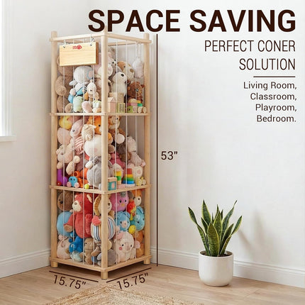 KiddoCood Kids CPC & TIC Certified Stuffed Animal Storage - 3-Tier Natural Solid Wood Plush Toy Organizer & Holder, Corner Solution for Playroom & Nursery, BPA-Free & Zero Glue