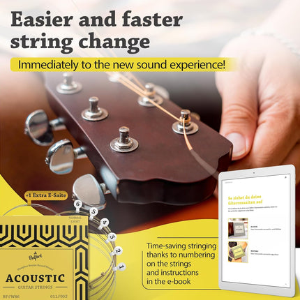 BELFORT® quality acoustic guitar strings - 6 string set - Premium coating with Phosphor Bronze (guitar strings acoustic 6 string set) BONUS: 4 Picks + 1 High E String - cuerdas para guitarra acustica
