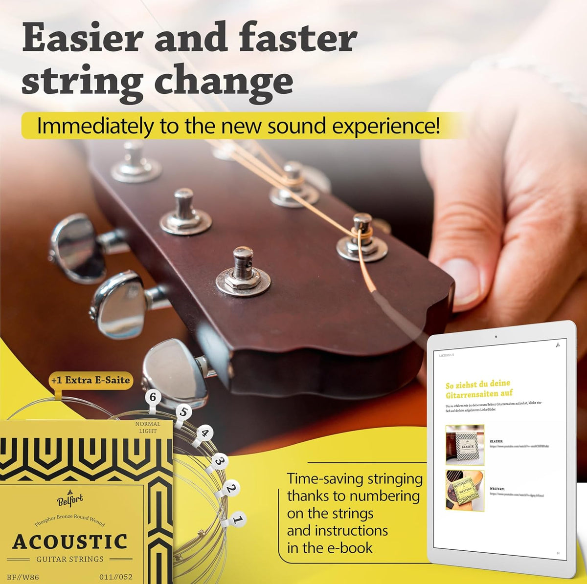 Quality Acoustic Guitar Strings - 6 String Set with Picks and Extra High E String - photo 5