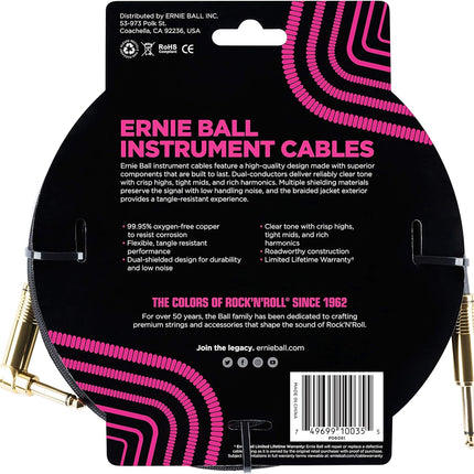 Ernie Ball Braided Instrument Cable, Straight/Angle, 10ft, Black (P06081)