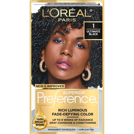 L'Oreal Paris Superior Preference Luminous Fade-Defying Permanent Hair Color, Hair Dye For Up to 9 Weeks of Radiance, Ultimate Black 1, 1 Hair Dye Kit