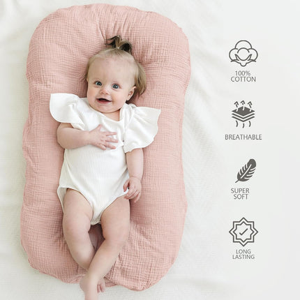 MairMore Muslin Baby Lounger Cover for Newborn & Infant, 100% Cotton Soft and Breathable Lounger Slipcover for Baby Girls and Boys, Pack of 2 (Pink Blossom)