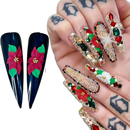 3D Acrylic Christmas Flower Nail Art Charms Handmade by Acrylic Powder - 24pcs Noel Flowers Nail Rhinestones Kit 3D Nails Design Xmas Nail Art for Women (Christmas Flowers 2-Medium & Long Size)