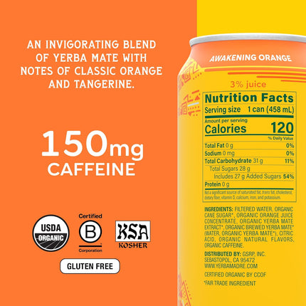 Yerba Madre Organic Yerba Mate, Awakening Orange, 150mg Natural Caffeine, Energy Drink Alternative, No Jitters or Crash, 15.5 Oz Cans (Pack of 12)