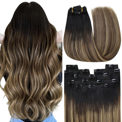 YoungSee 18 Inch Ombre Clip in Hair Extensions 120G Balayage Clip in Human Hair Extensions Natural Black Ombre Dark Brown Mix Blonde, Can Be Heat-styled Clip ins Extensions for Women At Home 7Pcs