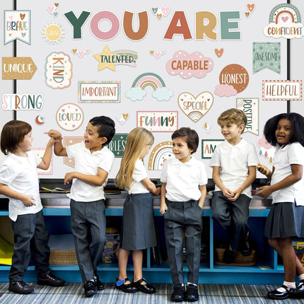 45pcs Boho Affirmation Station Bulletin Board Set Motivational Posters Classroom Mirror Growth Mindset Decor Positive Affirmations Accents Cutouts for School Office Home Teacher Wall Supply