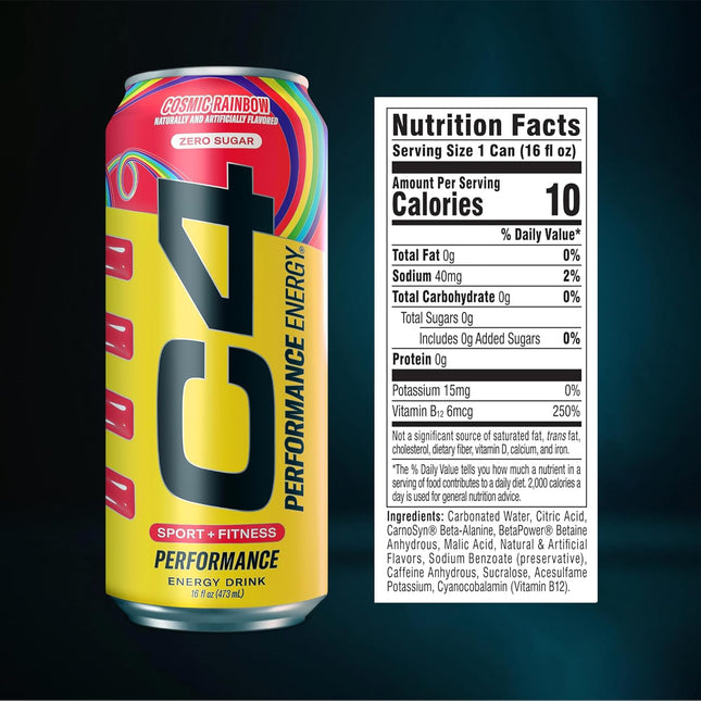 Performance Energy Drink Cosmic Rainbow, Zero Sugar Carbonated Preworkout