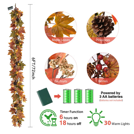 Fall Maple Leaf Garland, 6 Ft Fall Decor Garland with 30 Warm Lights