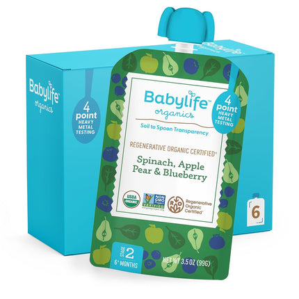 Babylife Organics Stage 2 - Spinach, Apple, Pear & Blueberry, 3.5 Ounce Pouch (6 Pack) - Heavy Metal Safe, Organic Baby Food