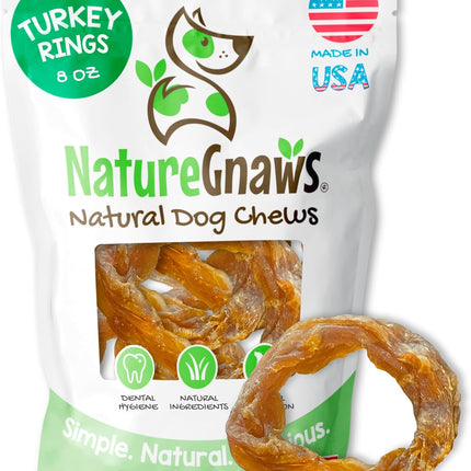 Nature Gnaws USA Turkey Tendon Rings for Dogs (8oz) - Delicious Grain Free Reward Snack for Small, Medium & Large Breeds - Premium Natural Dog Chew Treats