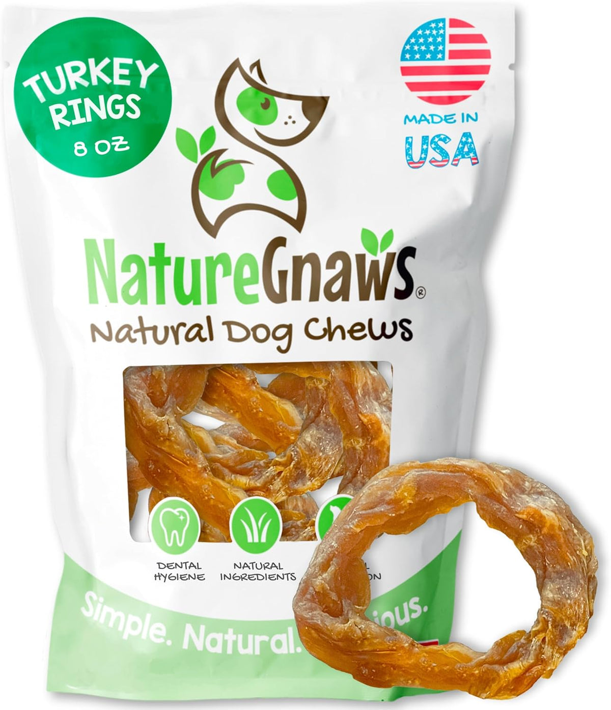USA Turkey Tendon Rings for Dogs (8oz) - Delicious Grain Free Reward Snack for Small, Medium & Large Breeds - Premium