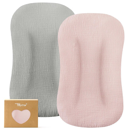 TILLYOU Muslin Baby Lounger Cover, 100% Cotton Newborn Lounger Cover, 2 Pack Baby Nest Slipcover for Boys Girls, Cover Only, Grey and Pink