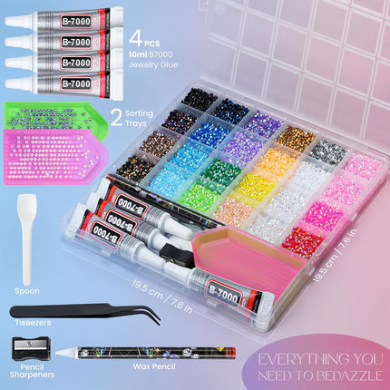 35000 Pcs Resin Jelly Rhinestones Kit, 24 Colors 3mm Flatback Rhinestones with 4 Pcs B7000 Jewelry Glue & Tools, All-in-One Bedazzling Kit for DIY Arts & Crafts Gifts