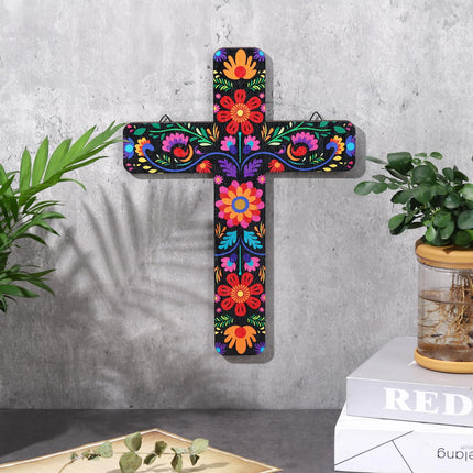 Floral Mexican Cross Wall Decor Day of The Dead Wall Art, 12x8.8in