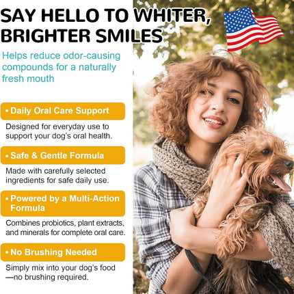 Dog Teeth Cleaning Powder, Dental Powder for Dogs Teeth Cleaning and Breath Fresh, Bad Breath Fresher & Tartar Remover with Enzyme, Probiotics. Plaque Off Pet Tooth Cleaning 120 Grams 60 Servings