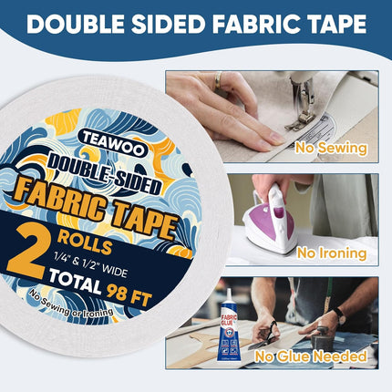 TEAWOO 2 Rolls Double Sided Fabric Tape, 98 FT Hem Tape No Sewing No Iron, Quick Clothing Repairs, Clothing Tape for Fabric Bonding & DIY Crafts