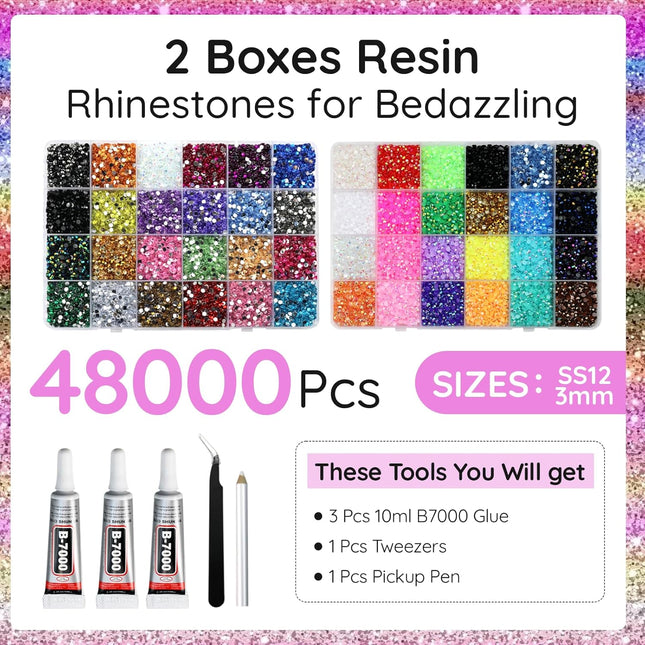 48000Pcs Resin Rhinestones for Bedazzling Kit, 48 Color 3mm Flatback Gems