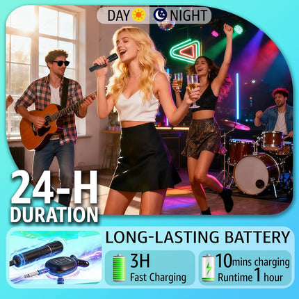 Wireless Microphone Set, 2 Rechargeable Handheld Wireless Mics with Bluetooth Receiver, RGB Light, 200FT Range, 24H Battery, Volume Control, 3 Sound Effects, for Karaoke, Singing, Speech