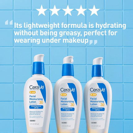 CeraVe AM Facial Moisturizing Lotion with SPF 30, Oil-Free Face Moisturizer with SPF, Formulated with Hyaluronic Acid, Niacinamide & Ceramides, Non-Comedogenic, Broad Spectrum Sunscreen, 3 Ounce