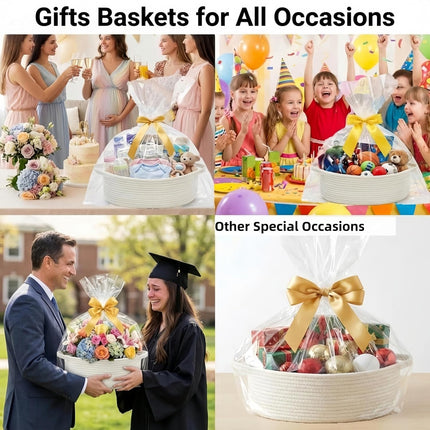 Optish Woven Basket, Gift Empty Basket with Bags and Ribbons, 13.5"x11"x5" Burr Rope Basket for Baby Shower, Durable Storage Basket with Handles for Nursery, Shelves, Toys, White