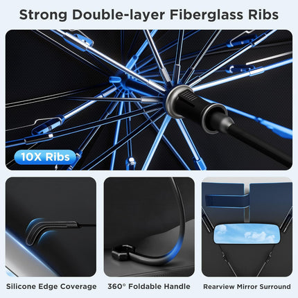 2026 for Tesla Model Y Model 3 Windshield Sun Shade Umbrella [7-Layer Vinyl Coating Heat Shield] Foldable Front Window Sunshade Umbrella Protect Interior from UV Keep Car Cooler(56" x 35")